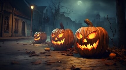 Obraz premium Halloween Festival Concept, pumpkin head jack lantern with burning candles, Forest with Full moon and spooky house with Bats and castle, night light and fog, mockup creative and design,Generative AI