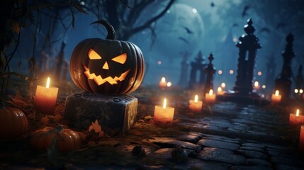 Halloween Festival Concept, pumpkin head jack lantern with burning candles, Forest with Full moon and spooky house with Bats and castle, night light and fog, mockup creative and design,Generative AI