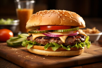 Close-up of home made tasty burger on wooden table.