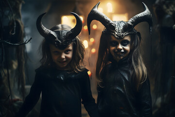 kids girl and boy with devils horns and demonic eyes