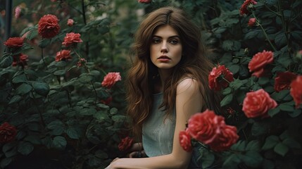Naklejka premium Caucasian model woman, posing in a bush with roses.