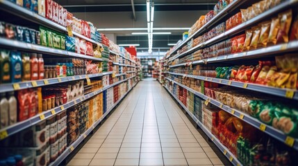 Supermarket aisle with shelves full of food products. - obrazy, fototapety, plakaty