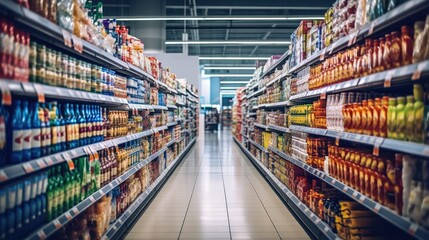 Supermarket aisle with shelves full of food products.