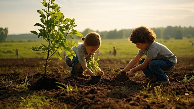 Children planting a young tree on the ground.