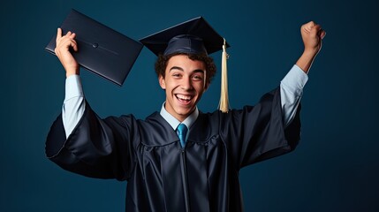Young guy with graduation suit is very happy with a diploma on his hands.