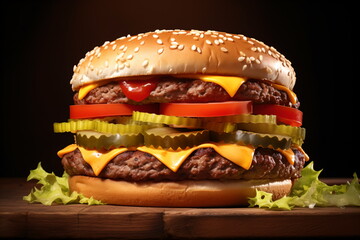 Close-up of home made tasty burger on wooden table.