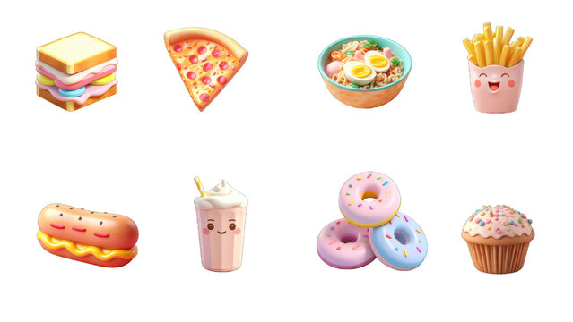 Funny fast food. donuts, pizza, fried french, hot dog, ice cream, cake, noodles. 3d vector icon set, Generative AI