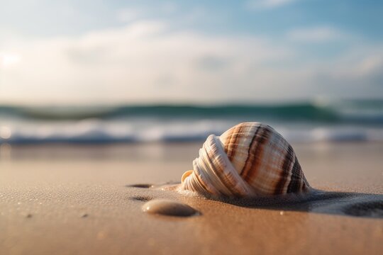 Illustration of a sea shell on a sandy beach near the ocean, created using generative AI