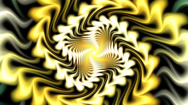 Yellow, gold, white cruciate waves revolving, distorting, forming fylfot, gammadion, sauwastika symbol, sign on dark backdrop. Fluctuant shiny shape vortex metamorphoses. 4K UHD 4096x2304