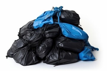 Big pile of garbage in black blue trash bags isolated