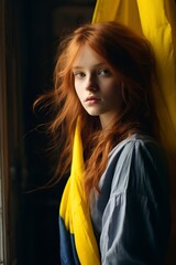 Fototapeta premium young redhead ukrainian teenage girl with flag near the window