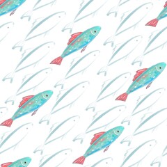 seamless pattern with hand-drawn colored and line fish on a white background