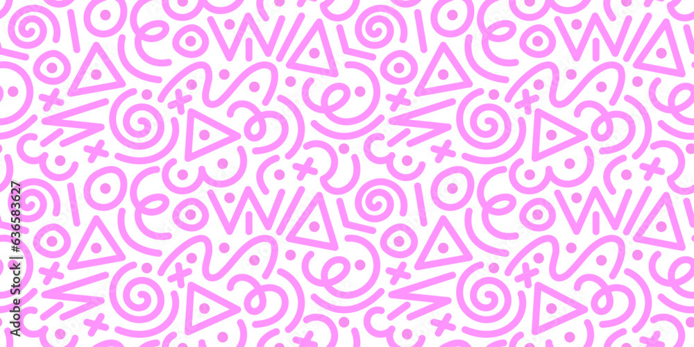 Poster cute pink seamless pattern with various lines and shapes. repeating patterns in 90s style for wrappi
