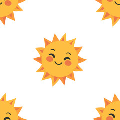 Kids cartoon style designed Yellow sun with full smile isolated on white background is in Seamless pattern - vector illustration