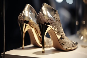 Illustration of a pair of gold high heeled shoes on display in a gallery or museum, created using generative AI