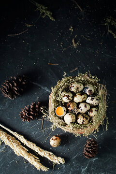 quail eggs in wooden bowl. on dark and texture background. one egg are broken