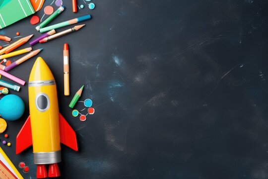 Bright toy rocket and school supplies on chalkboard