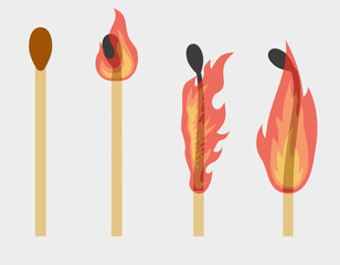 Animation of a burning match. Stages of burning matches. Burnt match flames. Vector illustration of a burning match.