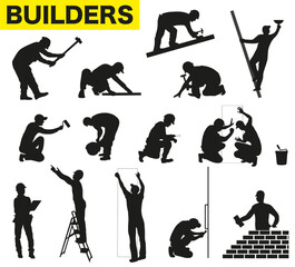 Collection of builders silhouettes. Isolated silhouettes of builders with different tools. Builders.