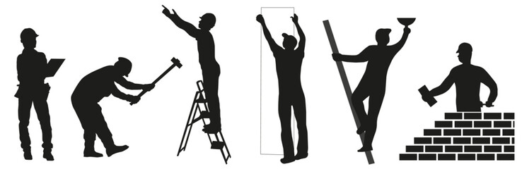 Builders. Silhouettes of workers and builders with tools in the workplace.