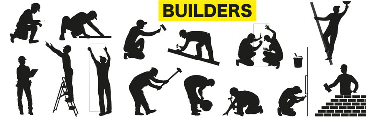 Collection of builders silhouettes. Isolated silhouettes of builders with different tools. Builders.