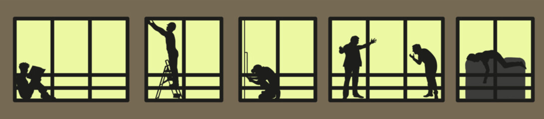 Silhouette or shadow of people in the window. People in windows. Occupations of people if you look out the windows. Vector illustration.