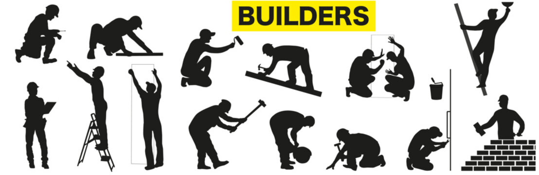 Collection of builders silhouettes. Isolated silhouettes of builders with different tools. Builders.