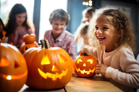 kids carving pumpkins and creating spooky pumpkins