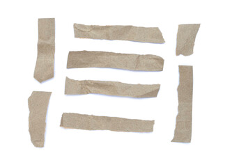 Recycled paper craft stick on a white background. Set of paper torn on white, Brown paper torn or ripped pieces of paper isolated on white background.
