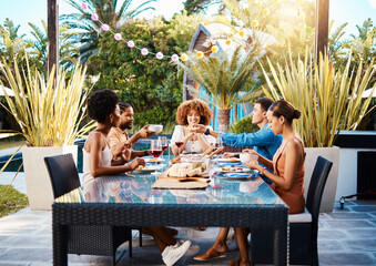 Group of friends at lunch, fun in garden and happy event with diversity, food and wine, outdoor...