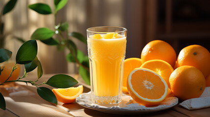 Generative AI, a glass of orange freshly squeezed juice stands on the table against the backdrop of modern white Scandinavian cuisine, sunlight, fruits, vitamin C