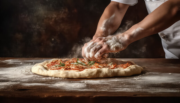 hand is handrolling a pizza into an oven