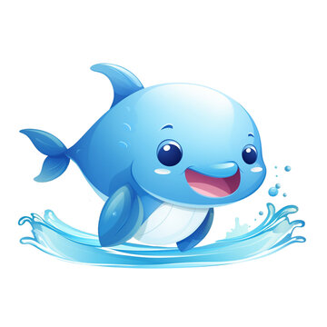 a cartoon dolphin in the water, in the style of white background, Generative AI