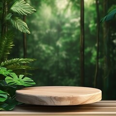 round shape stage stand product display with nature forest garden greenery blur bckdround product stand exhibition showcase mockup concept,ai generate