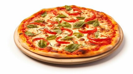 Pizza sur fond blanc, sauce tomate, basilic, jambon fromage, champignon, illustration produit culinaire, ia g&eacute;n&eacute;rative