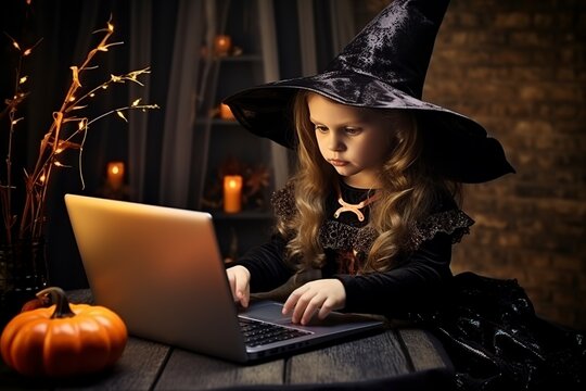 girl in a witch costume with a laptop