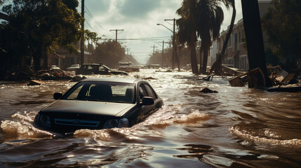 Flooded streets on tropical island after hurricane. Extreme weather caused by climate change. - obrazy, fototapety, plakaty