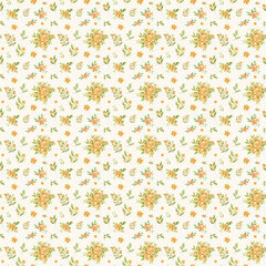 Trendy watercolor seamless floral pattern. Endless print made of small yellow flowers. Summer and spring motifs. Beige background