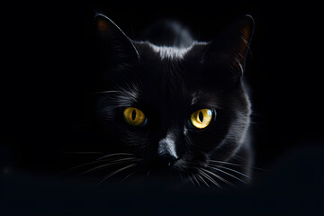 A spooky black cat with glowing eyes