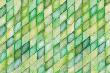 Watercolor background with rhombuses. Green rhombuses pattern. Geometric texture for fabric, textile, paper, wall. Harlequin background.