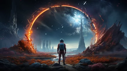 Foto op Canvas Astronaut on foreign planet in front of spacetime portal light. © nahij