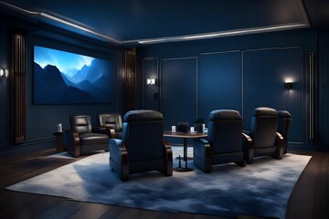 3d home cinema room with blue lights and leather armchairs with table lamps and a big movie screen 3d rendering 