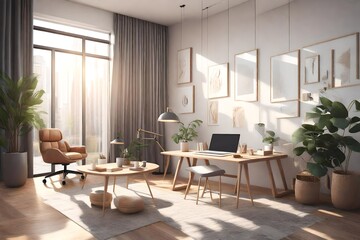 illustration of modern home office interior with panoramic windows shelves and desktop computer placed on wooden table  3d rendering