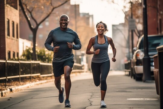 Healthy lifestyle concept - middle-aged African-American couple during an evening jog through the streets of their neighborhood. Sports as the best remedy for aging.