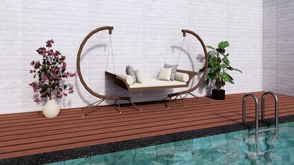 modern wooden swing on wooden floor swimming pool deck with small plant