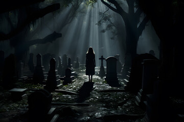 An eerie graveyard with tombstones and creepy shadows