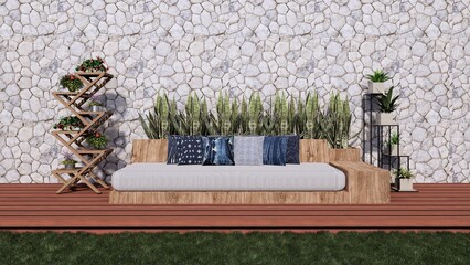 long bench sofa with river stone wall texture