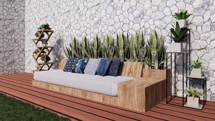 long bench sofa and pillows on wooden floor swimming pool deck with small plant and river stone wall texture