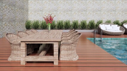 dining table and bamboo chair on wooden floor deck at home