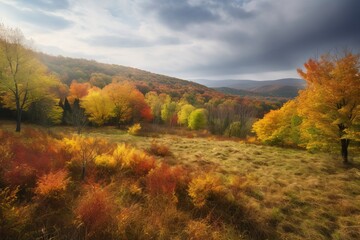 a serene autumn landscape with colorful trees and grassy fields